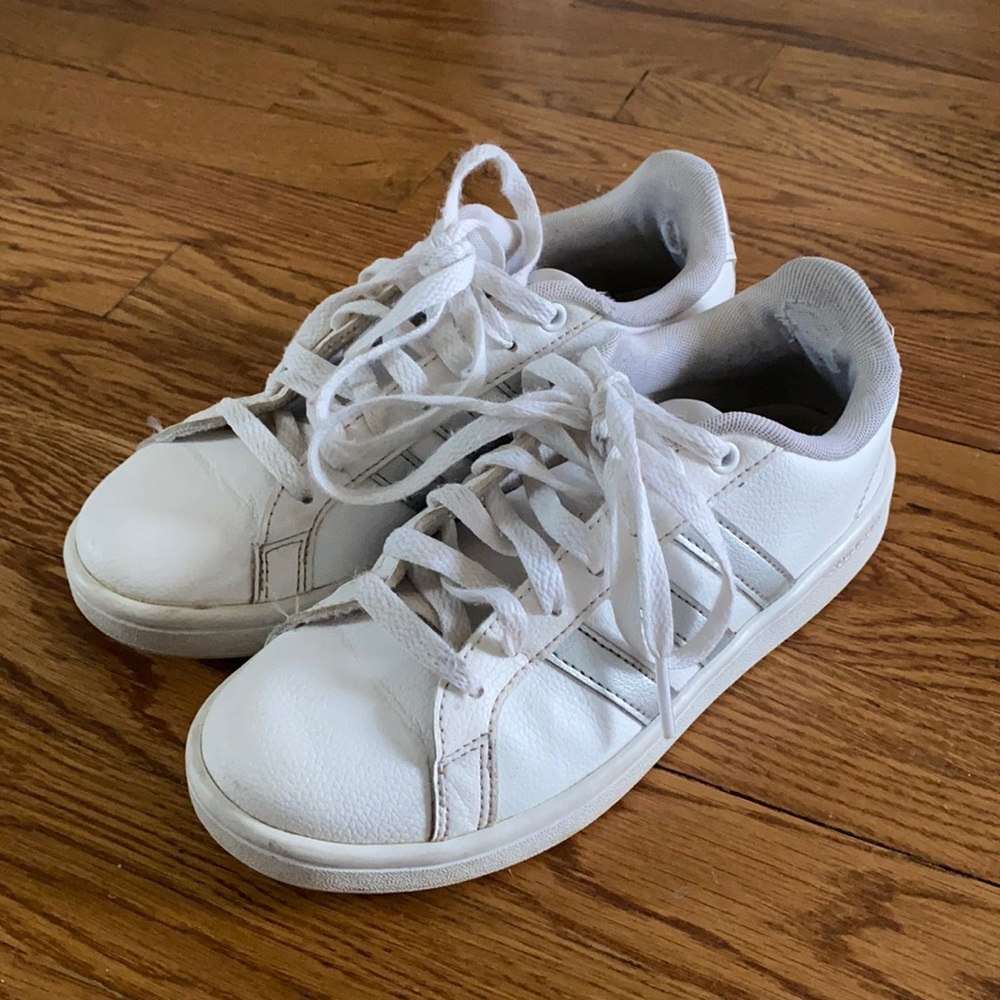 silver and white adidas
